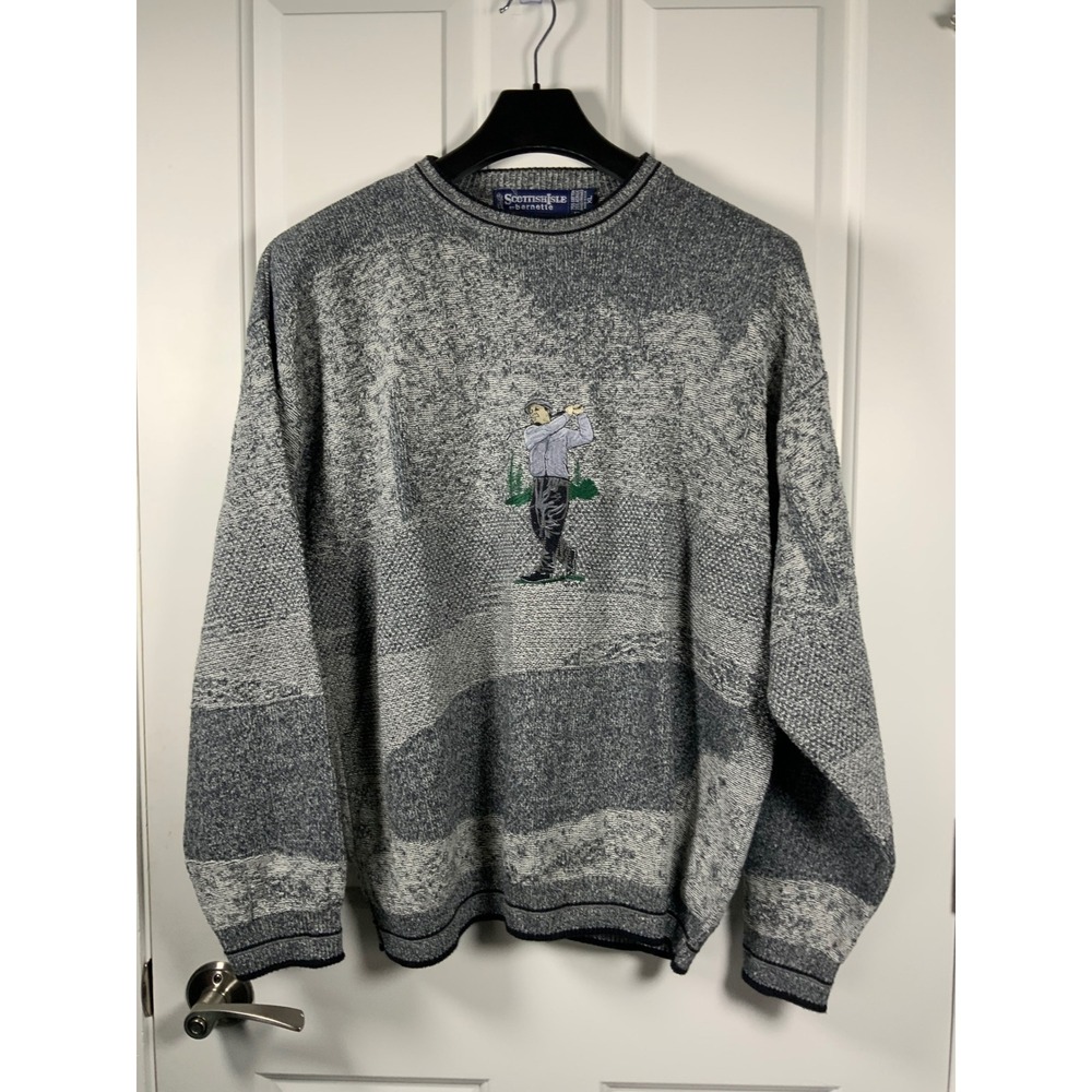 Scottish Isle by Bernette Vintage Golf Sweater Mens XL Grey Blue Knit USA Made